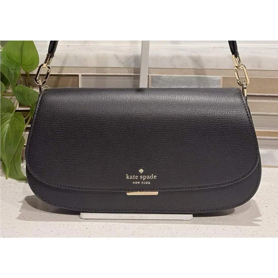 Kate Spade Quinn Medium Small Flap Chain Shoulder Bag Purse Black Leather Gold