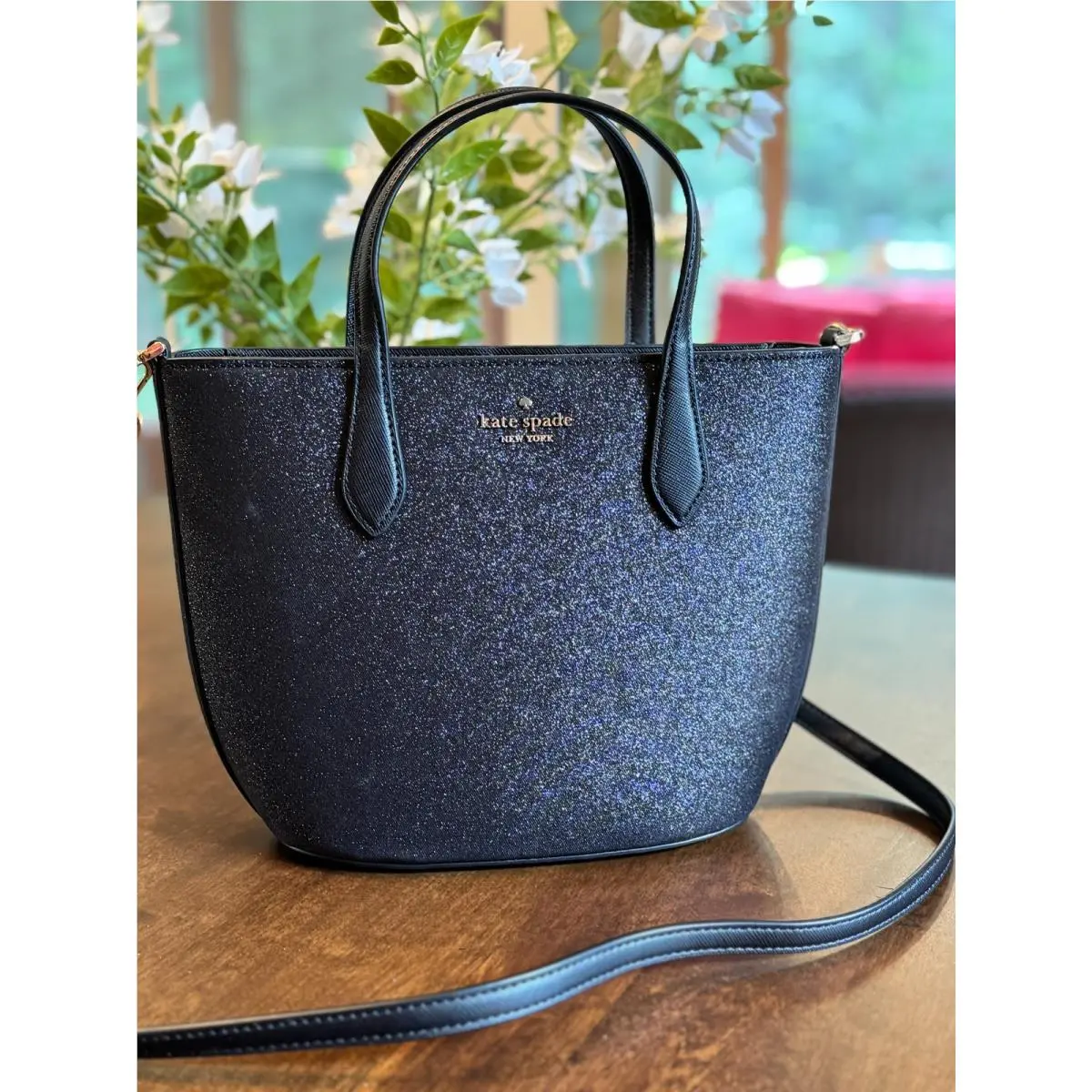 Kate Spade New York Glimmer Satchel Purse Crossbody Holiday Glitter Black