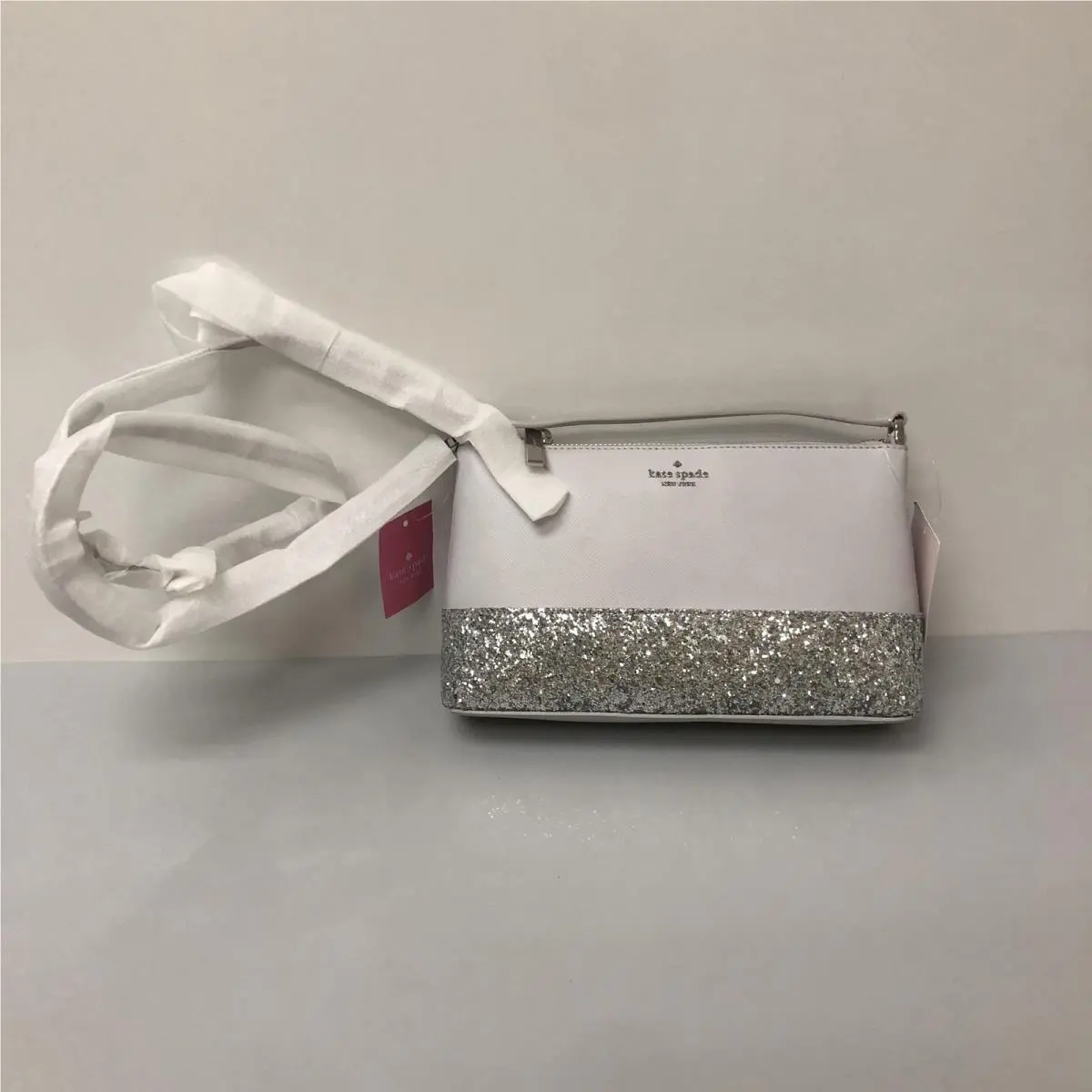 Kate Spade Crossbody Bag Womens Small Gray Leather Glitter Card Case Set Logo
