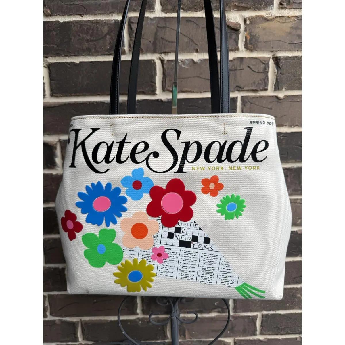 Kate Spade NY Fresh Picks Canvas Tote Flowers Puzzle Natural Multi