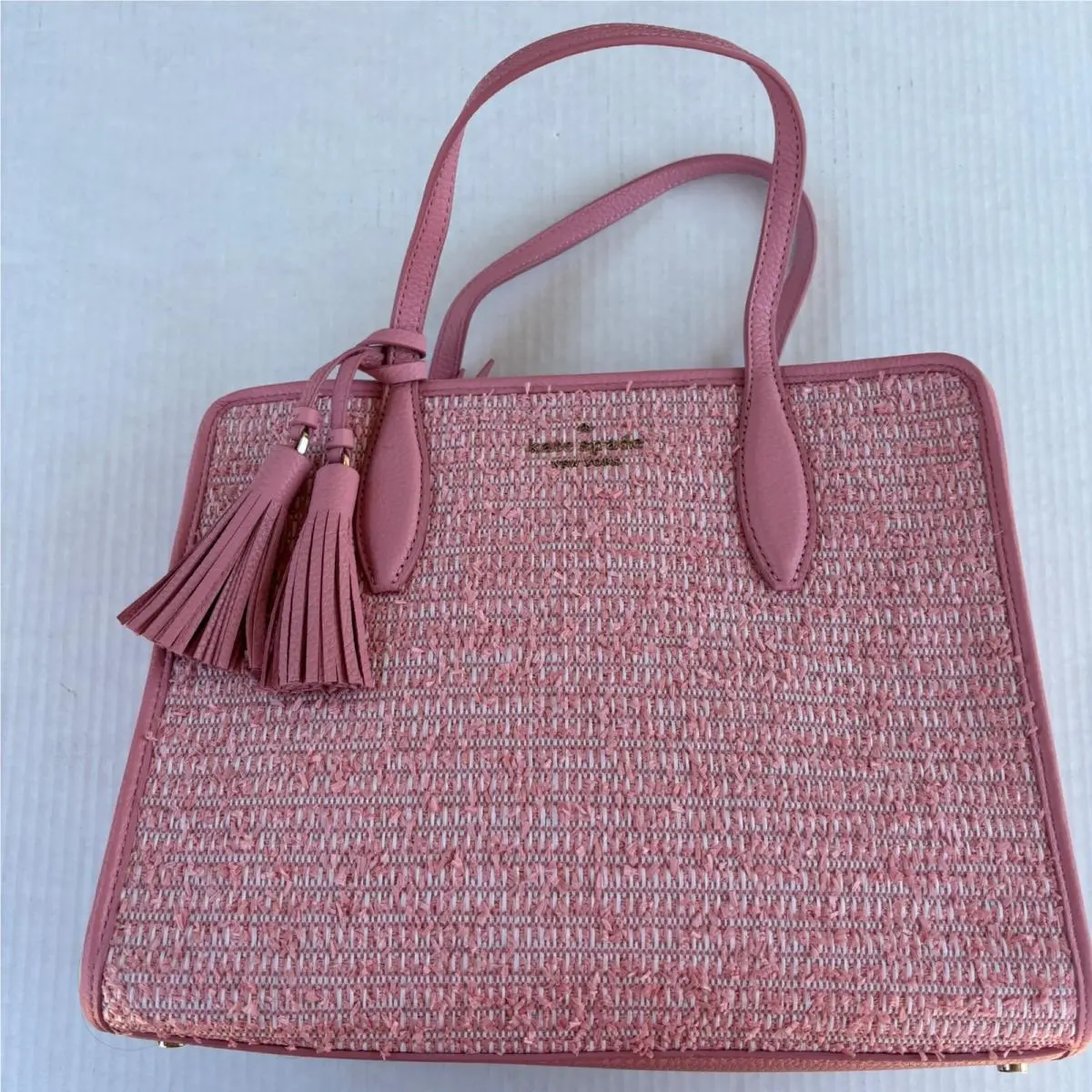 Kate Spade Rowe Summer Tweed Pink Raffia Leather Medium Satchel Bag