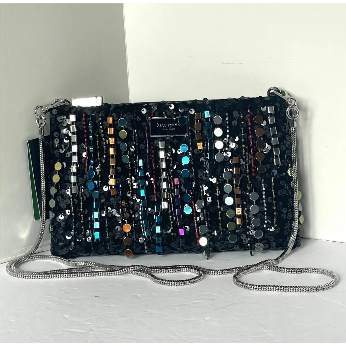 Kate Spade Nova Fringe Clutch Black Chain Strap Embellished Crossbody
