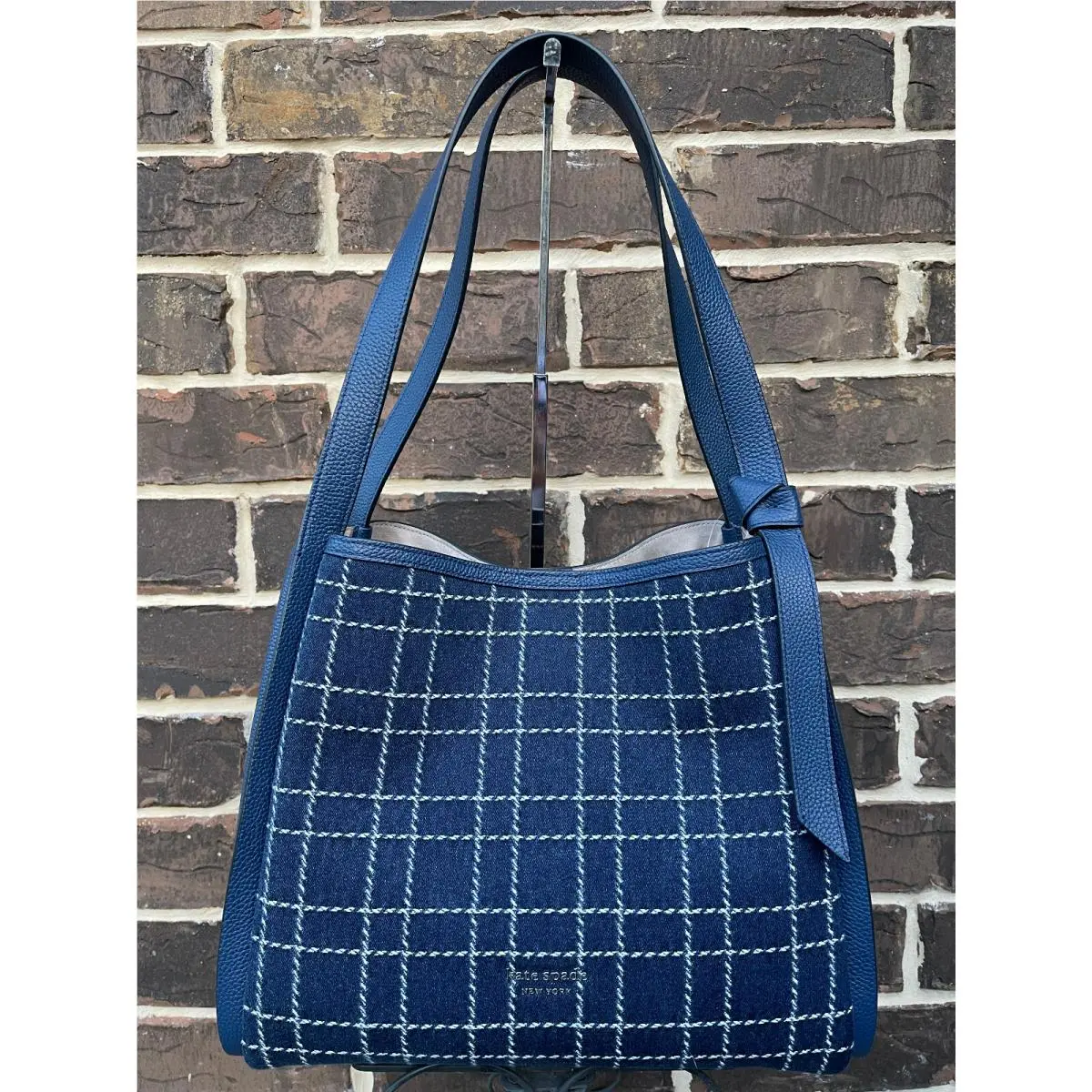 Kate Spade Knott Denim Check Large Shoulder Bag Indigo Multi
