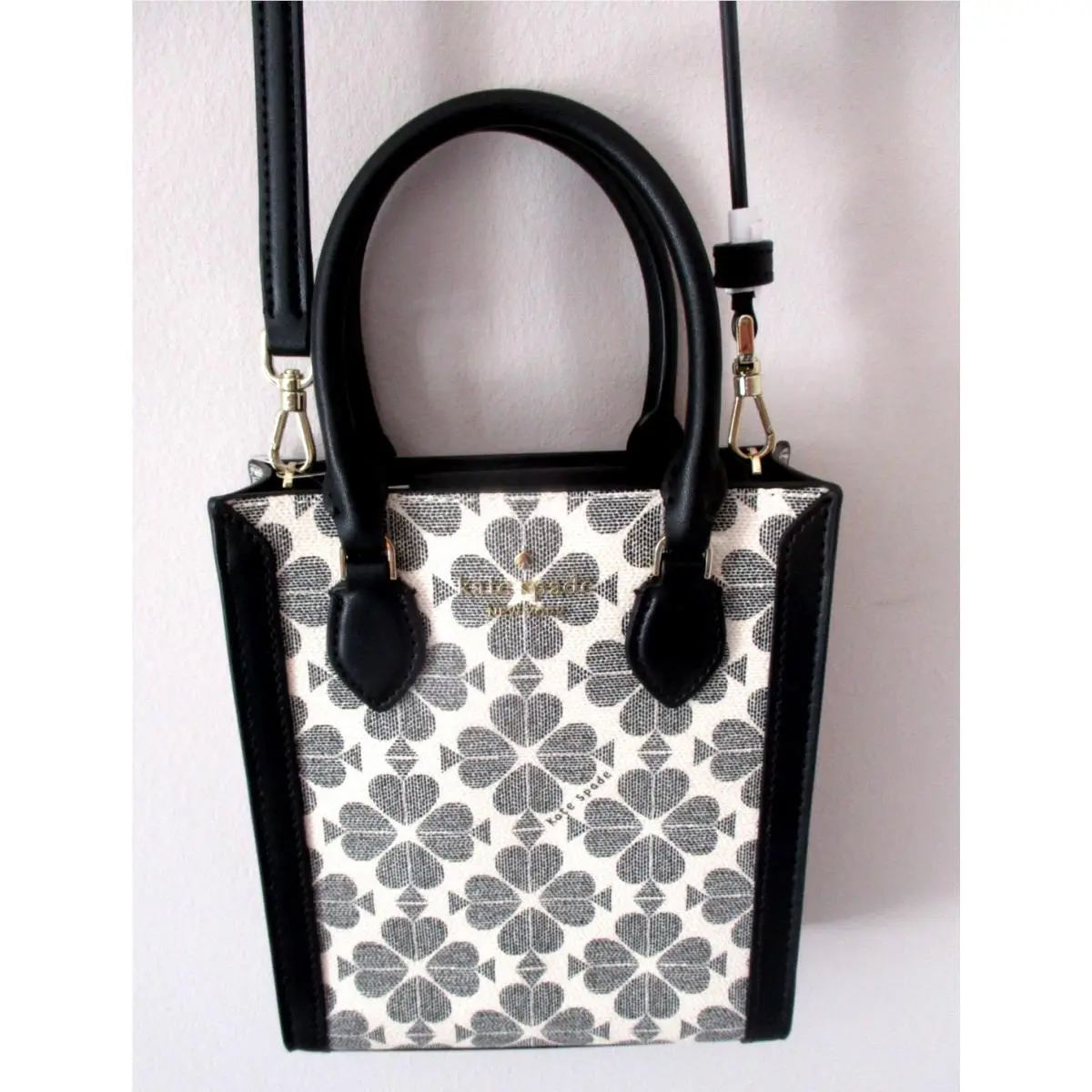 Kate Spade Flower Manhattan Mini Black Cream Jacquard Leather Crossbody Bag