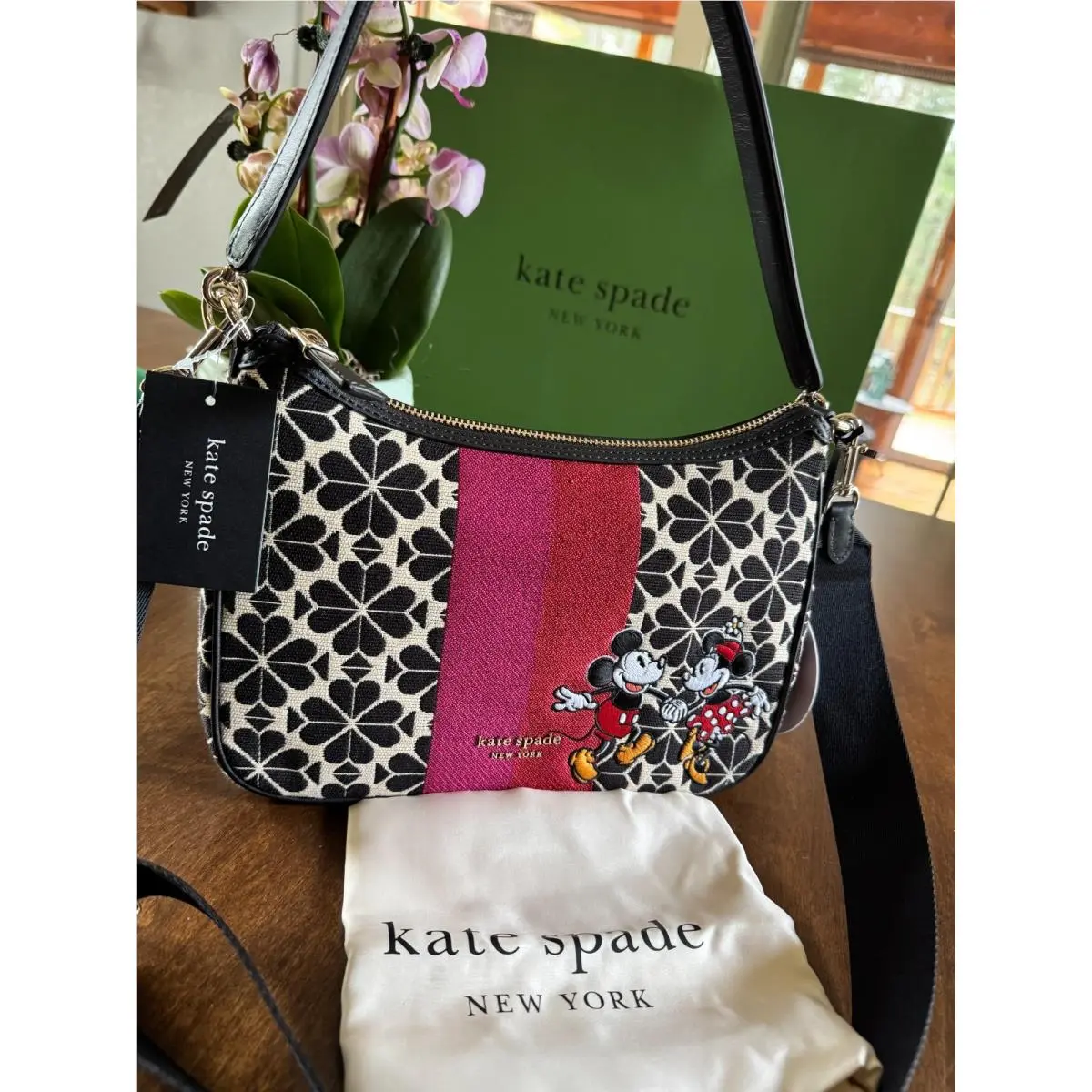 New Kate Spade x Disney 100 Mickey Minnie Sam Flower Jacquard Shoulder Crossbody