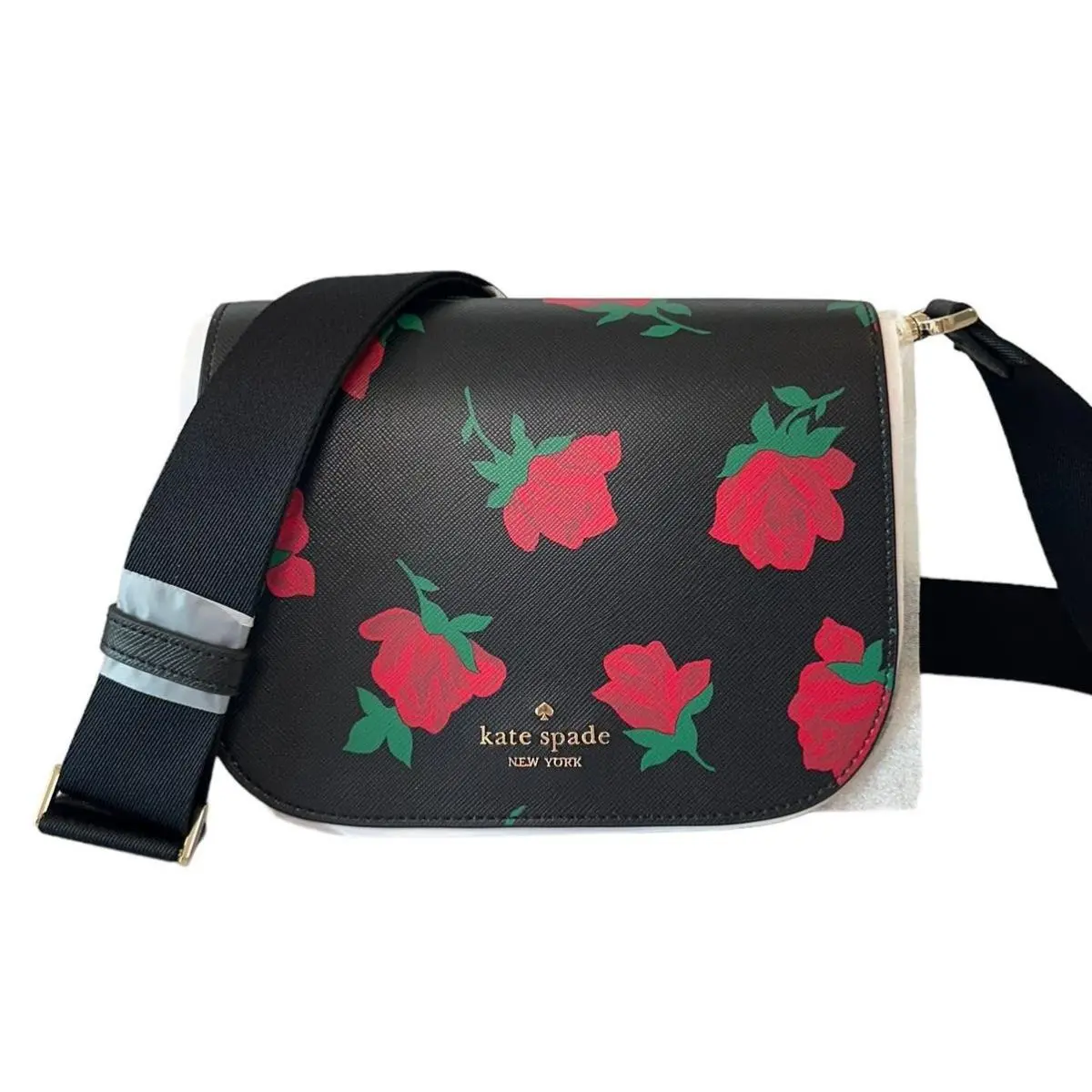 Kate Spade Madison Rose Toss Printed Saddle Crossbody Bag Black Red Floral