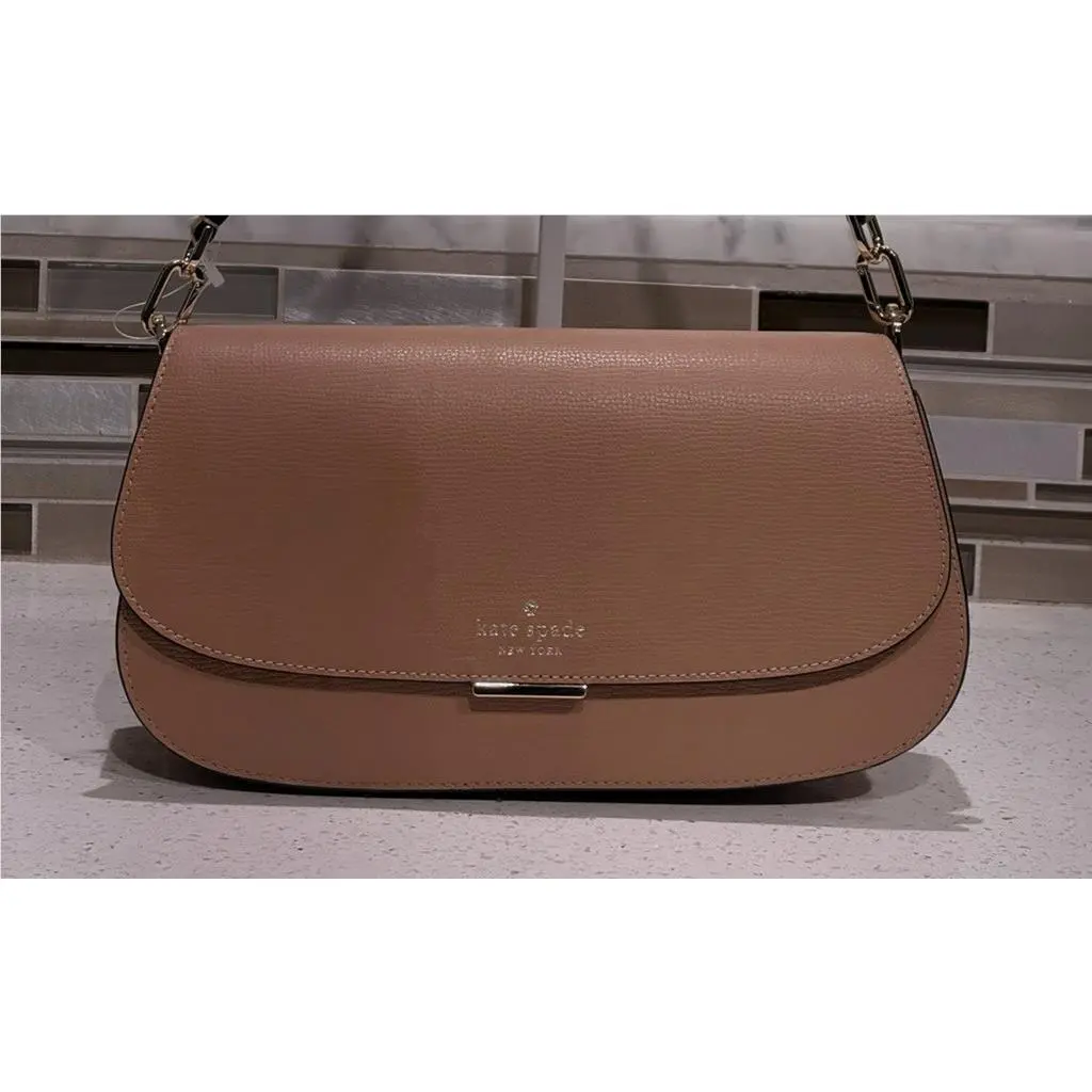 Kate Spade Quinn Medium Small Flap Chain Shoulder Bag Clutch Brown Leather Gold