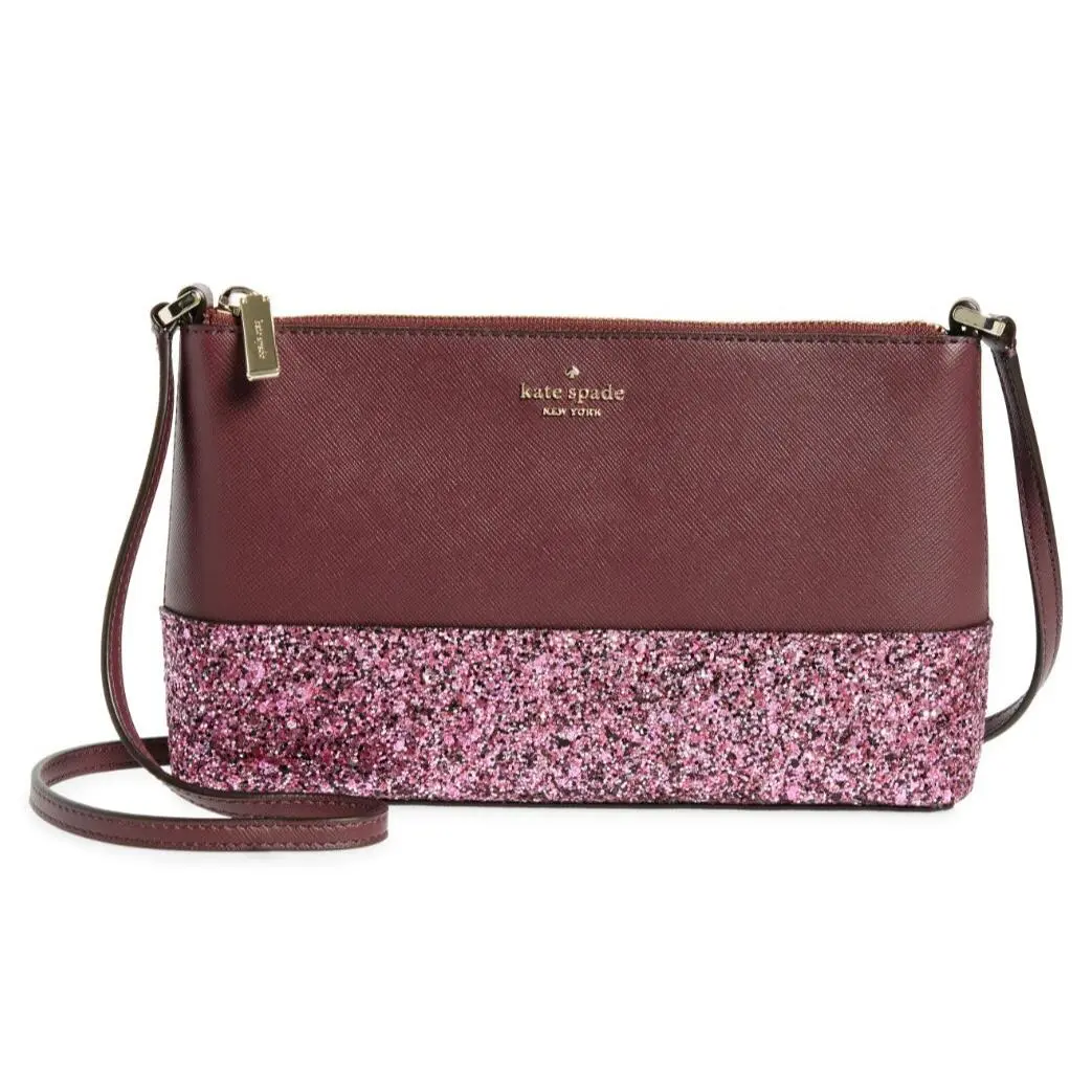 Kate Spade Women`s Flash Glitter Vegan Leather Crossbody Shoulder Bag Cherrywood
