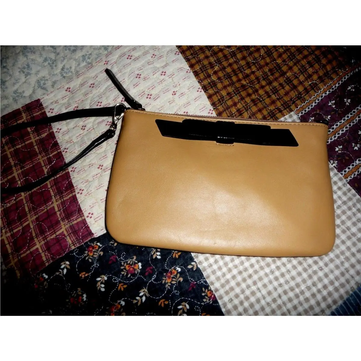 Kate Spade Tan Macchiato Chelsea Park Leather Patent Bow Black Wristlet Bag New