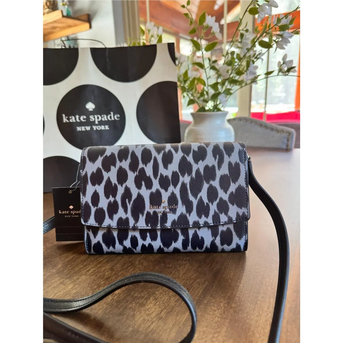 New Kate Spade Perry Crossbody Purse Spotted Animal Leopard Grey Black