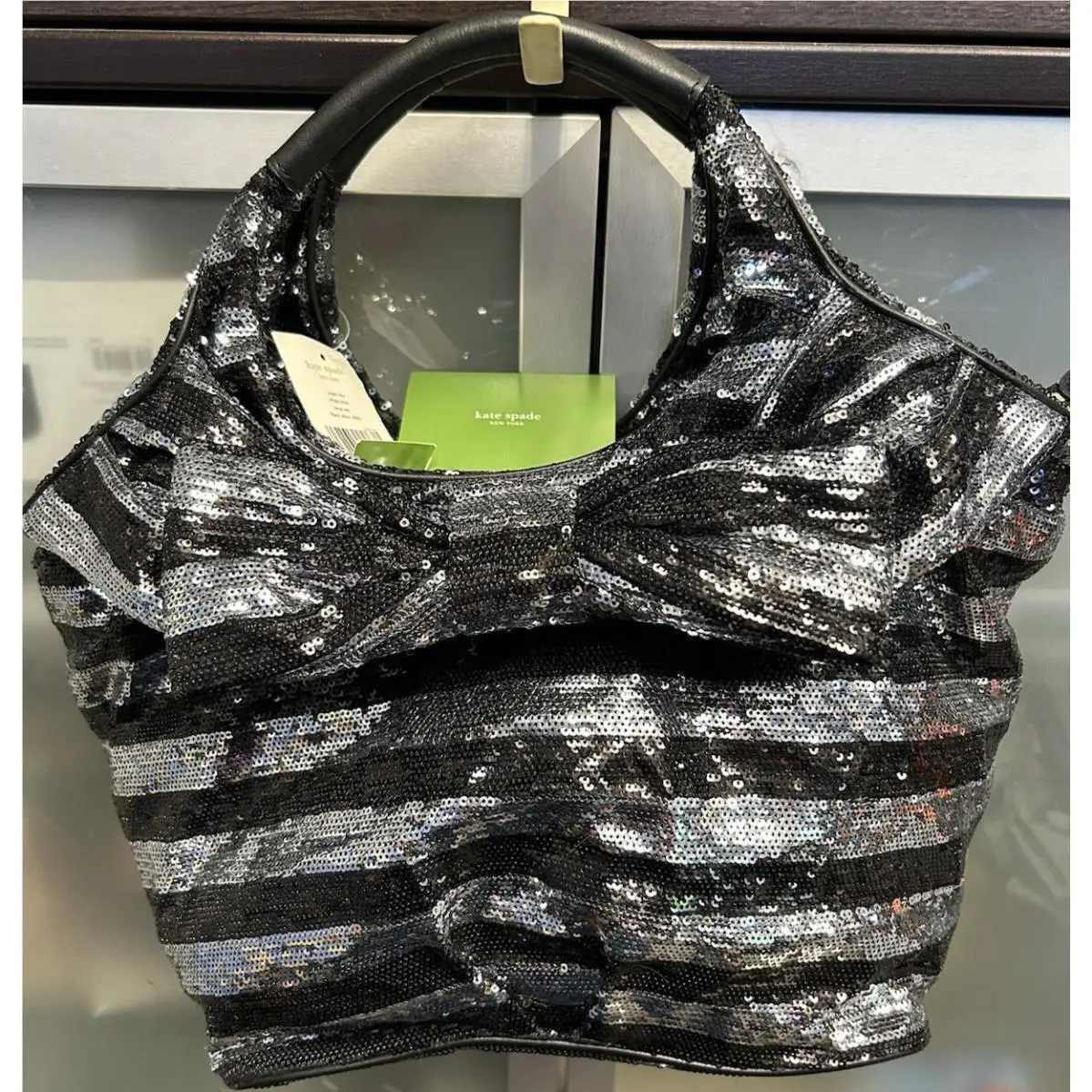 Kate Spade Night Sky Handbag LG Vintage Black Silver Sequins Striped Bowtie