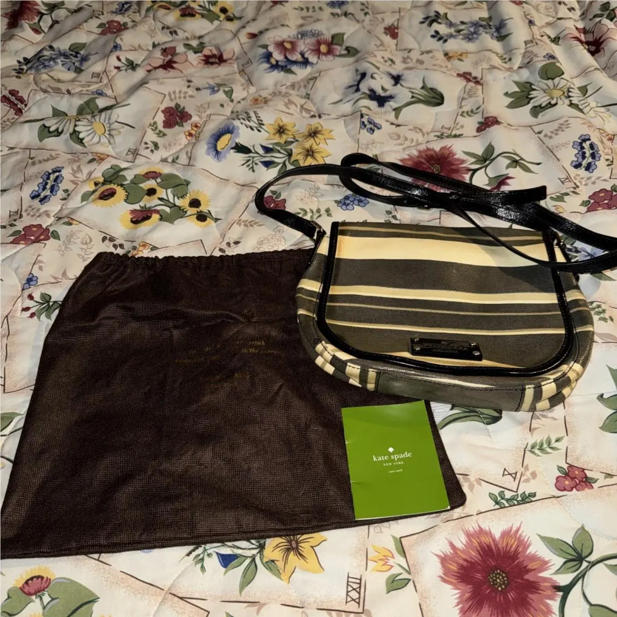 Kate Spade York Crossbody Bag Striped Beige Black Patent Chelsea Park