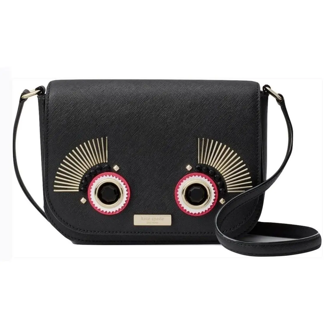 Kate Spade Women`s Purse Black Textured Leather Monster Face Crossbody Handbag