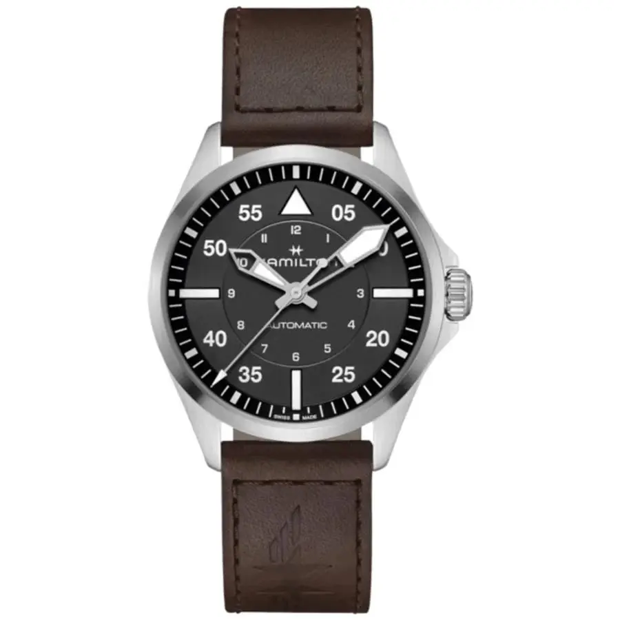 Hamilton Khaki Aviation Pilot Auto 39mm Black Dial Men`s Watch H76305530 - Face: Black, Dial: Black, Band: Brown
