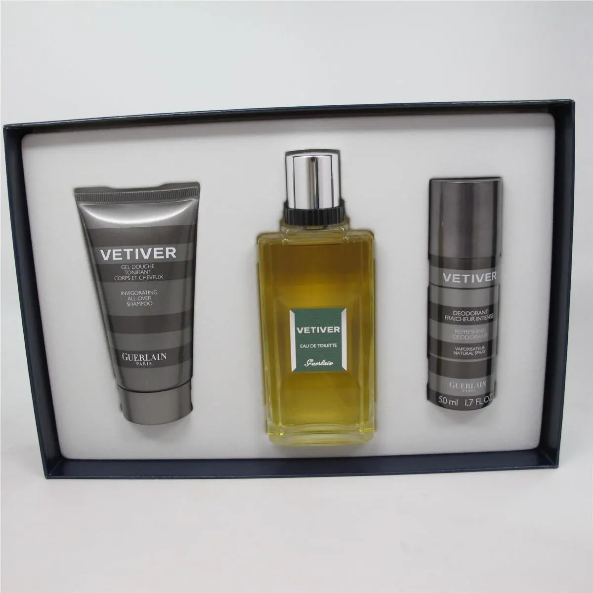 Vetiver by Guerlain 3 Pcs Set: 3.3 oz Edt Spray Deo Spray Shower Gel
