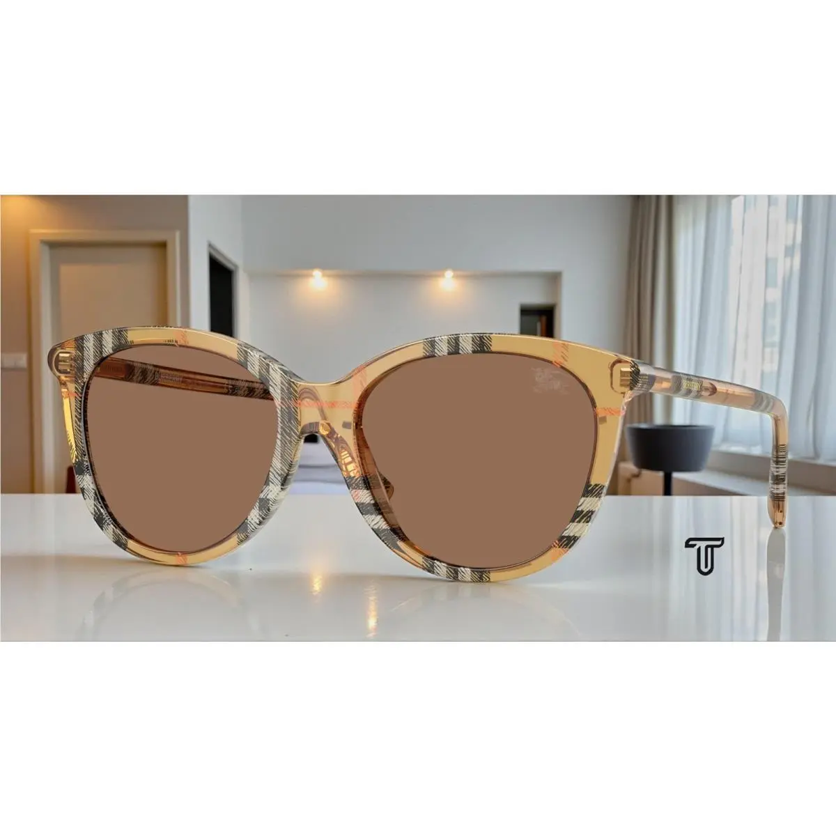 Burberry BE4455F 416373 Check Sand Dark Brown 55 mm Women`s Sunglasses