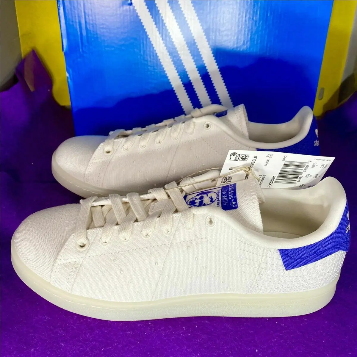 Adidas Stan Smith Primeblue Canvas Lifestyle Shoes White Cream Blue Women`s Size