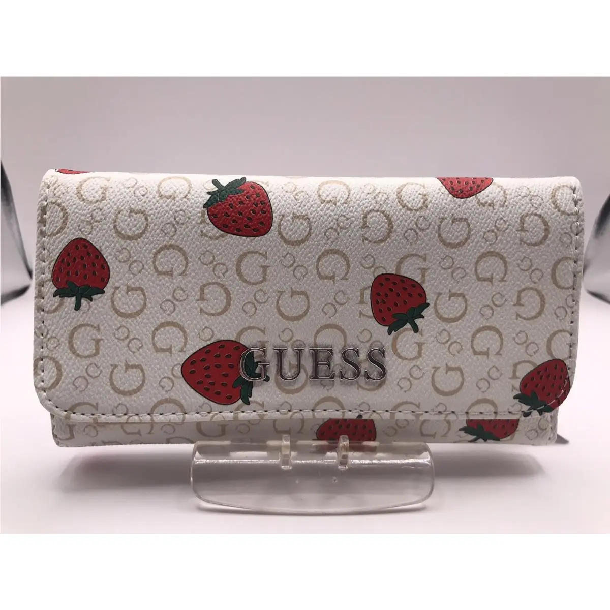 Women`s Guess Abbas Slg White/red Strawberry Signature Logo Tri Fold Wallet