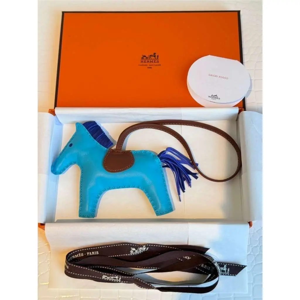 Hermes MM Rodeo Bag Charm Blue Aztec/ Bleu Electrique Fauve Lambsk