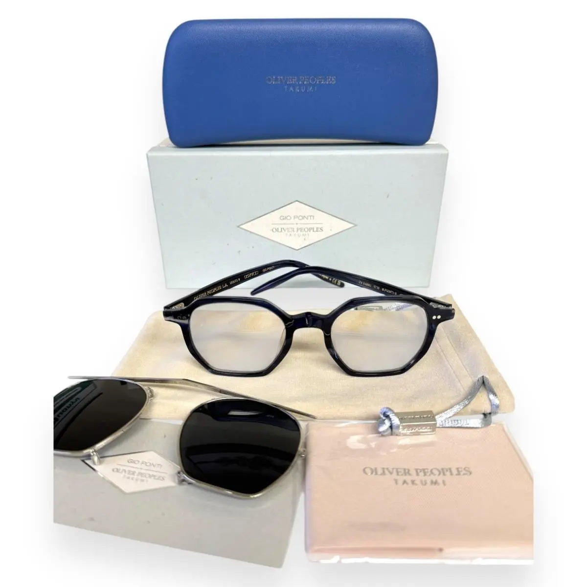 Oliver Peoples Gio Ponti-5 Eyeglasses Clip-on Sunglass Blue Marble Silver W/case