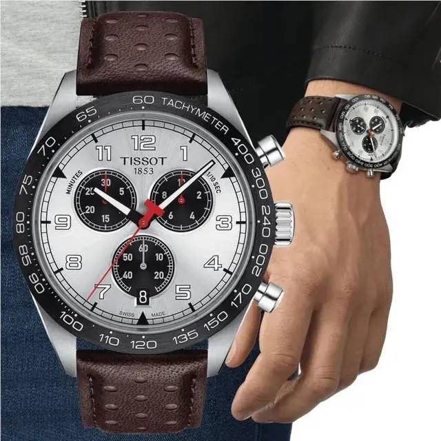 Tissot Prs 516 Quartz Chronograph Brown Leather T1316171603200 - Dial: Silver, Band: Brown, Bezel: Black