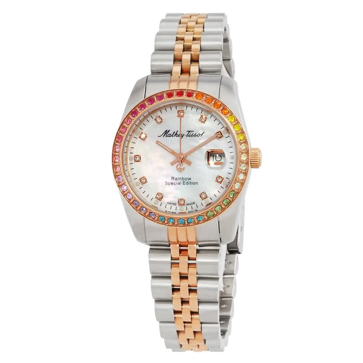 Mathey-tissot Mathy Rainbow Quartz White Dial Ladies Watch D809BQI - Dial: White, Band: Two-tone (Silver-tone and Rose Gold-tone), Bezel: Silver-tone
