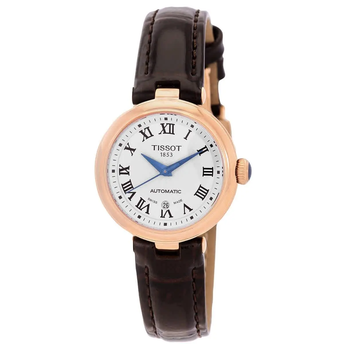 Tissot Bellissima Automatic White Dial Ladies Watch T1262073601300 - Dial: White, Band: Brown, Bezel: Pink
