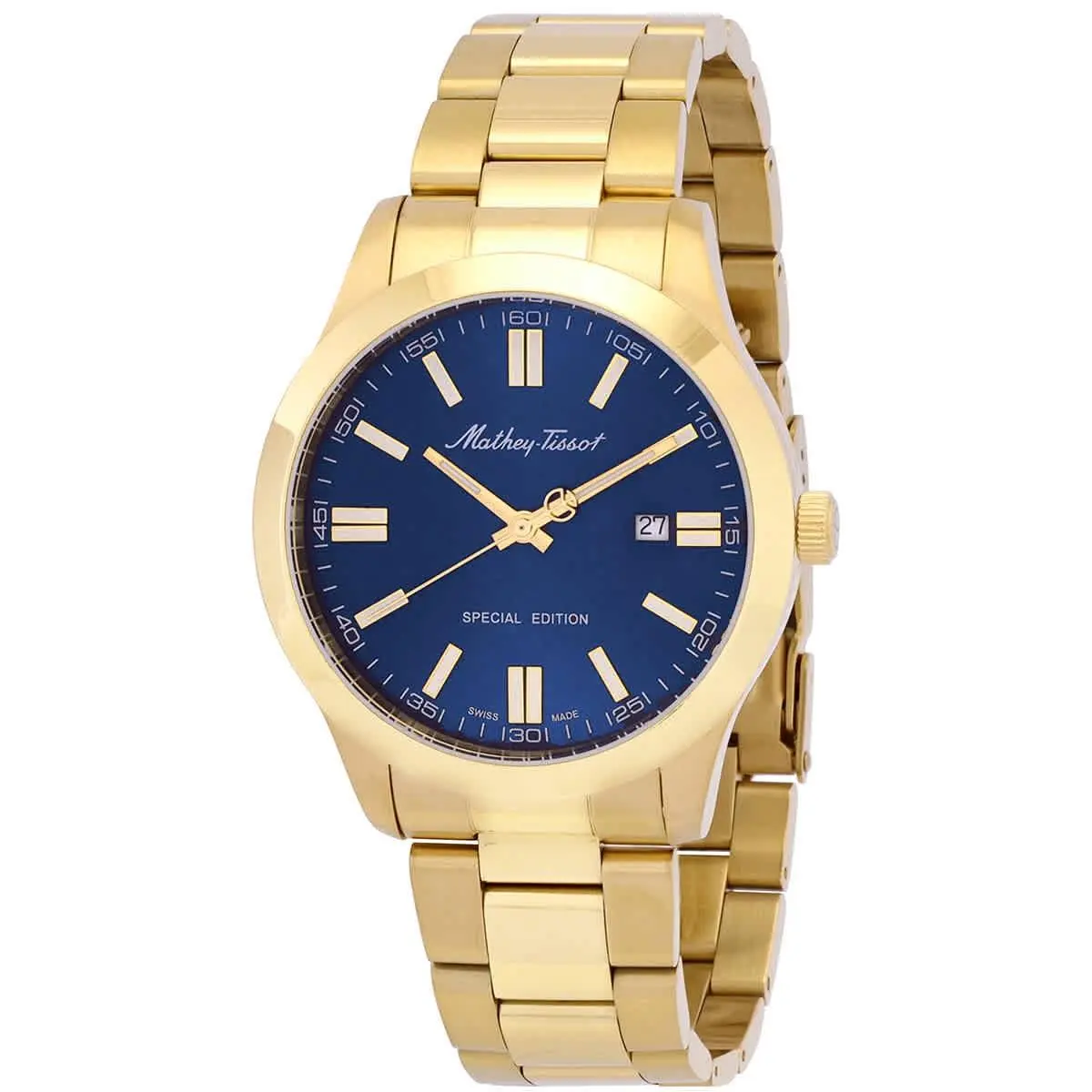 Mathey-tissot Mathy I Jumbo Quartz Blue Dial Men`s Watch H455PBU - Dial: Blue, Band: Yellow Gold-tone, Bezel: Yellow Gold-tone