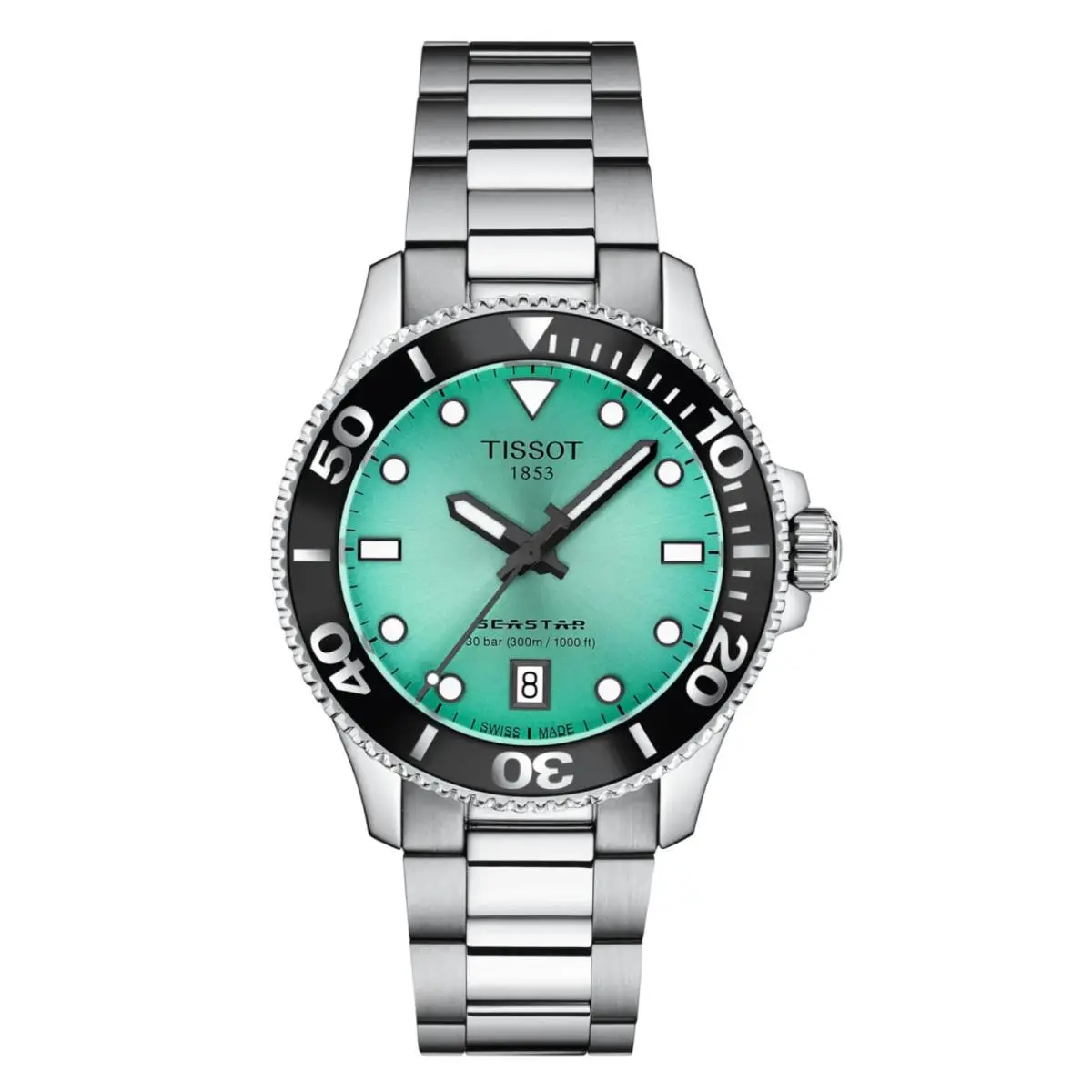 Tissot T120.210.11.091.00 Seastar 1000 Steel 36 mm Quartz Wrist Men`s Watch - Dial: Turquoise, Band: Silver, Bezel: Black