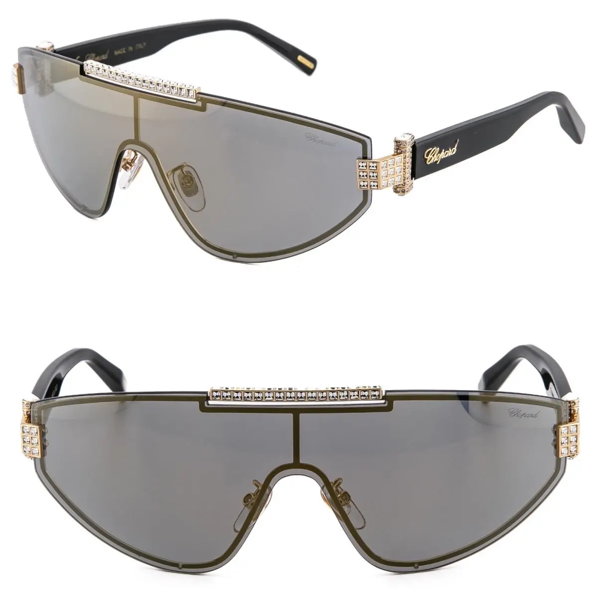 Chopard Black Gold Mirrored Crystal High Jewelry SCHF09S Wrap Sunglasses F09S