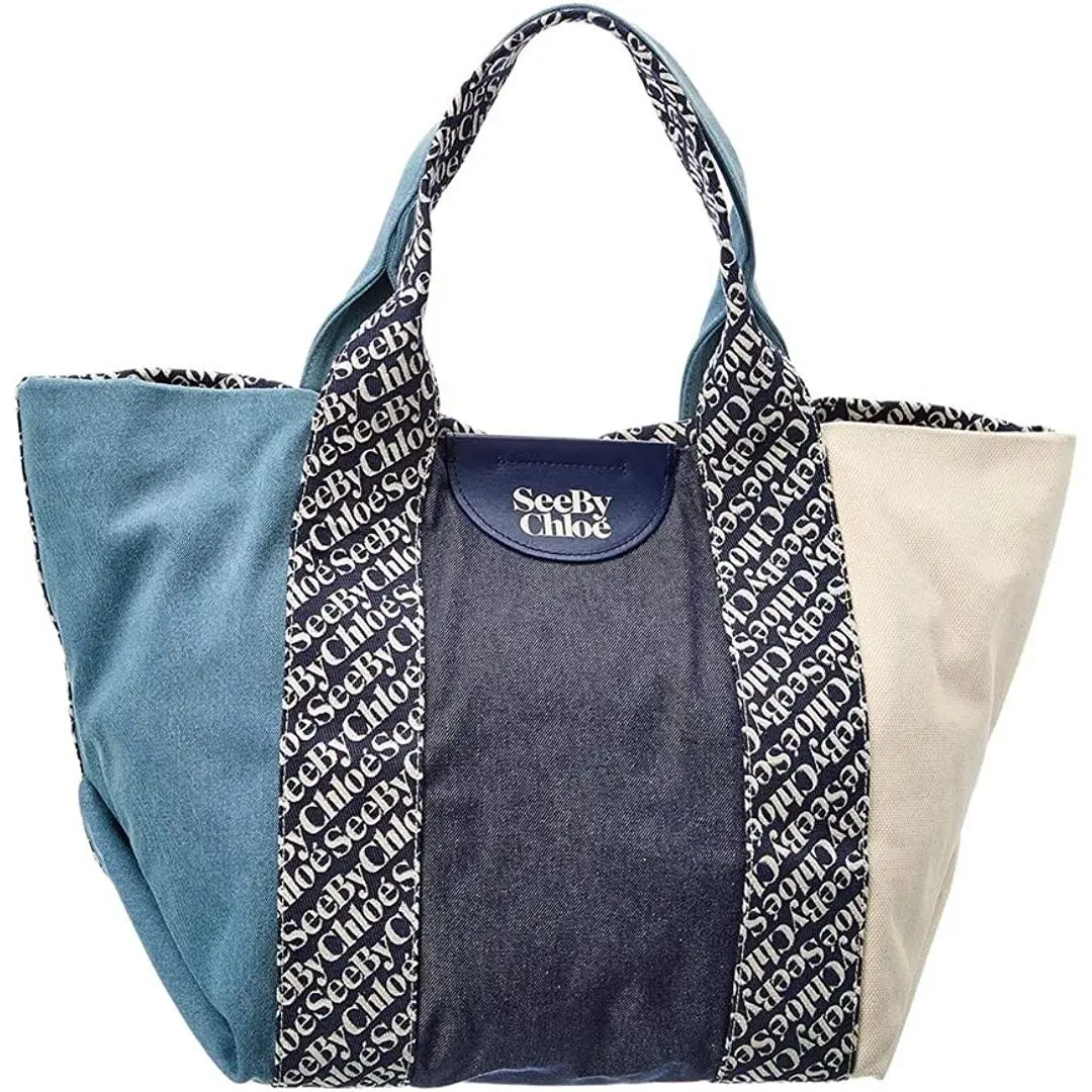 See By Chloe Women`s Chs22Usb63 Letizia Royal Logo Print Canvas Tote Bag Navy OS