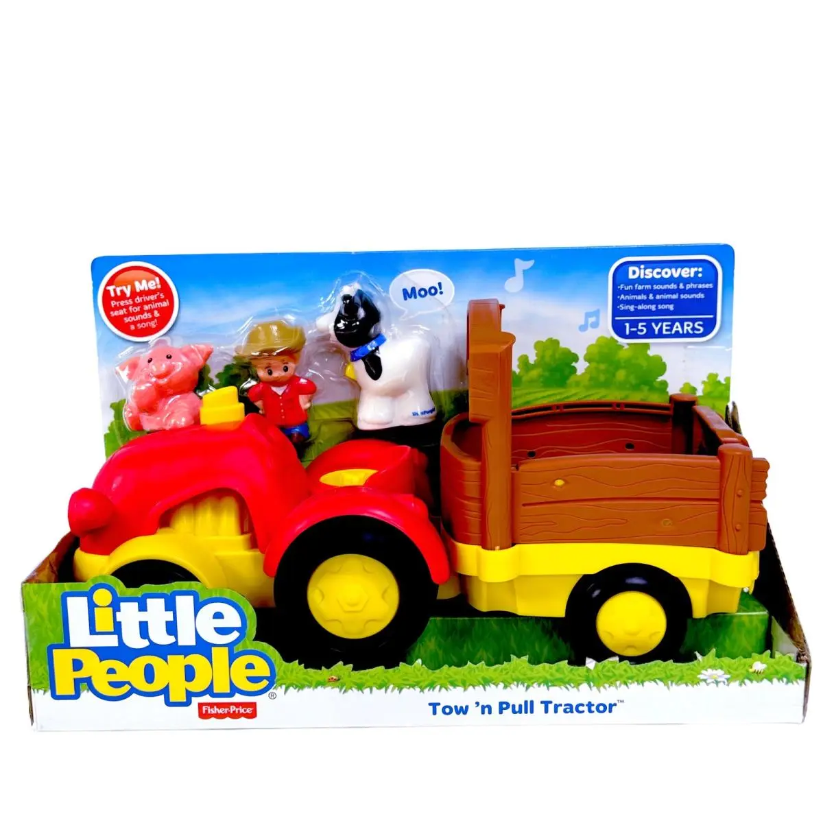Little People Tow n Pull Tractor Farmer Eddie Cow Pig Farm Animals Toy Kid 1-5