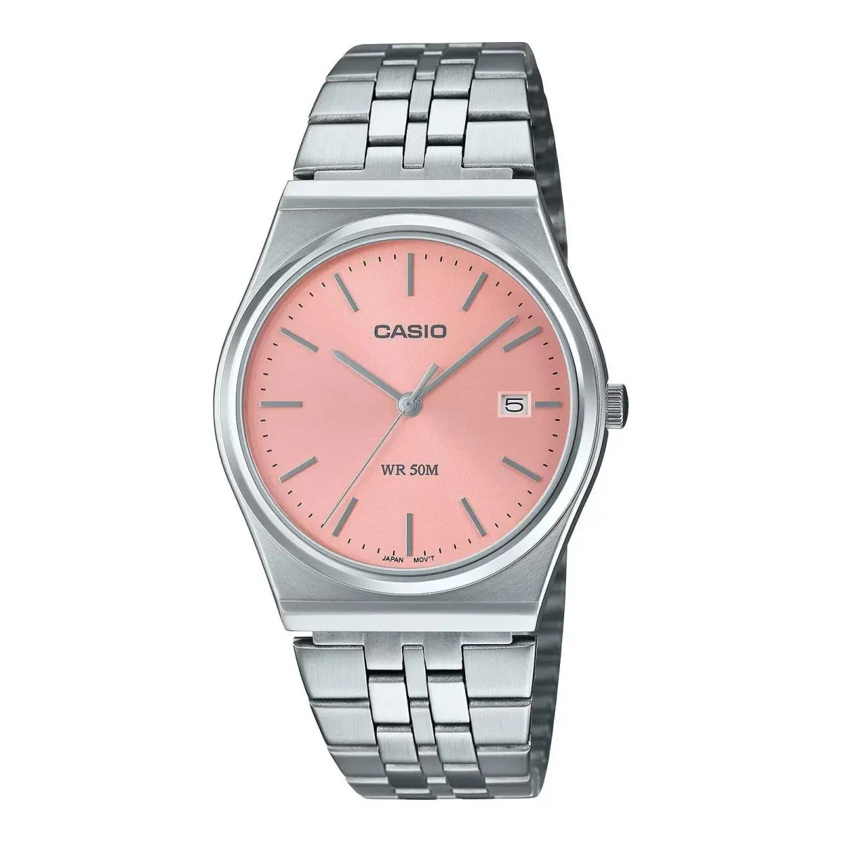 Casio MTP-B145D-4A Salmon Pink Dial Stainless Steel Men`s Watch –
