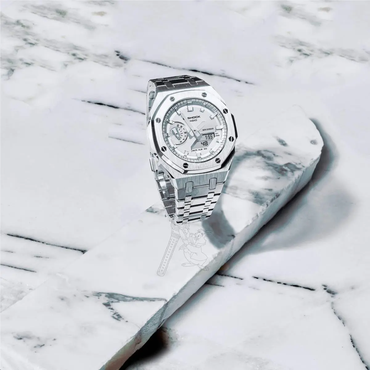 GA-2100 G-shock Watch - Silver Metal w/ Bracelet Mod – Silver Dial by Casio