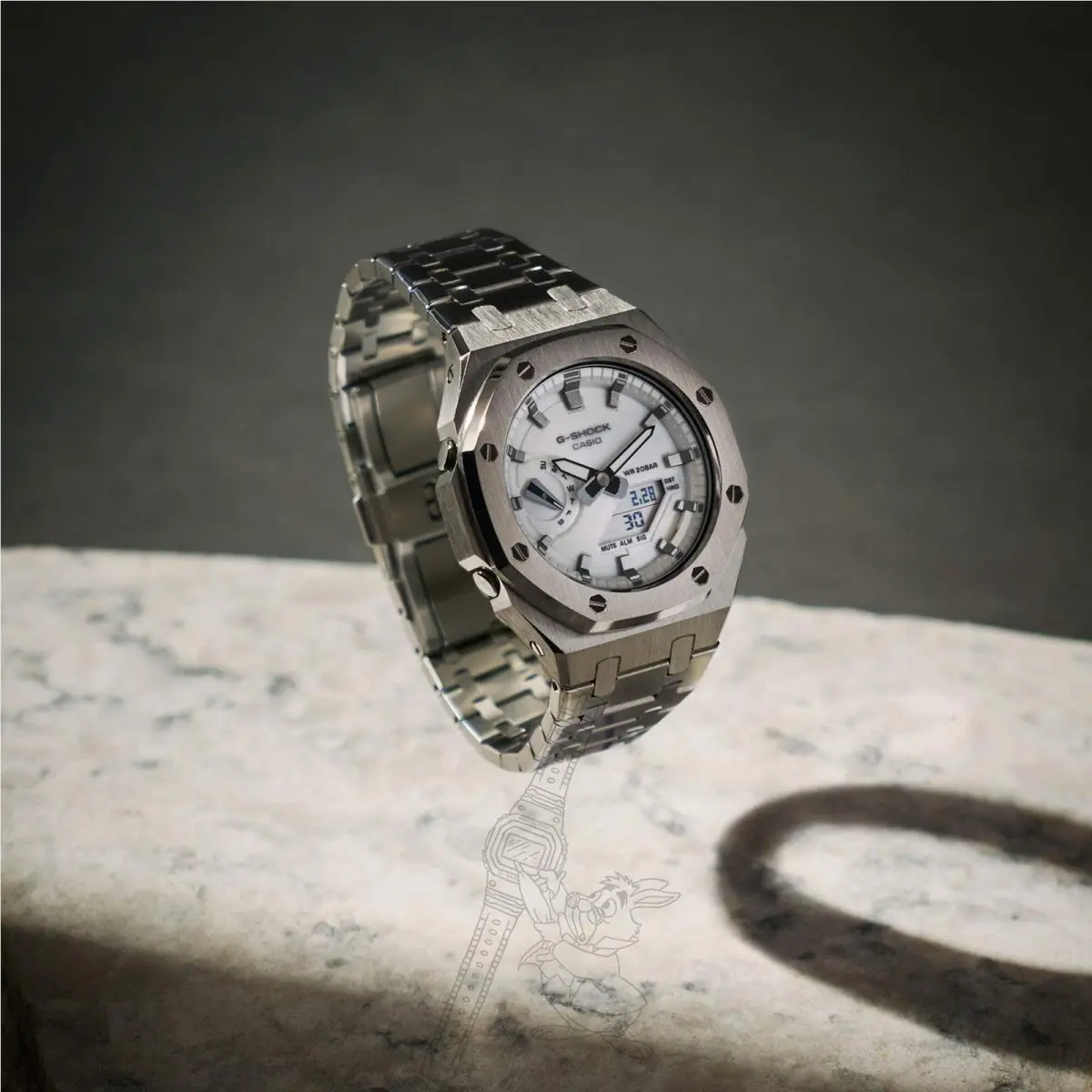GA-2100 G-shock Watch – Silver Metal Case Bracelet Mod – White Dial by Casio