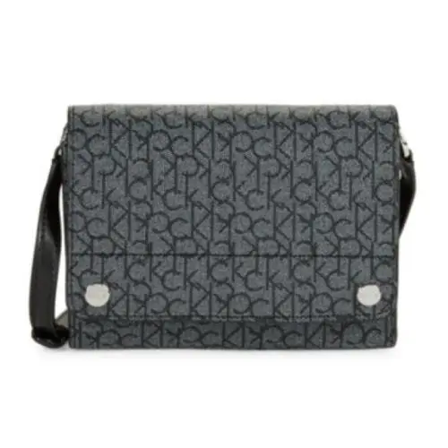 Calvin Klein Crossbody Black Signature Logo Leather Susan Silver Snap Clutch