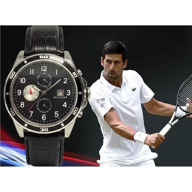 Tommy Hilfiger 44MM Men`s BK Dial Date Window 23MM Leather Band Watch New