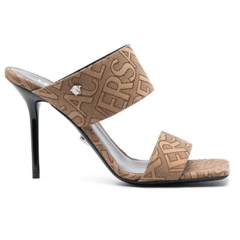 Versace All Over Jacquard Logo Heel Slides Sandals Shoes 36.5