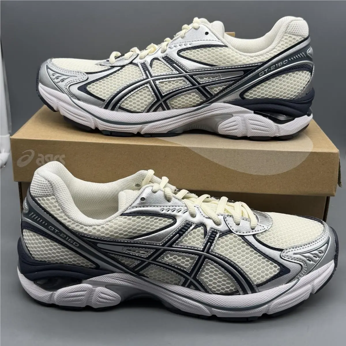 Asics GT-2160 Mens 9 White Silver Navy 1203A275 Casual Athletic Gym Shoes