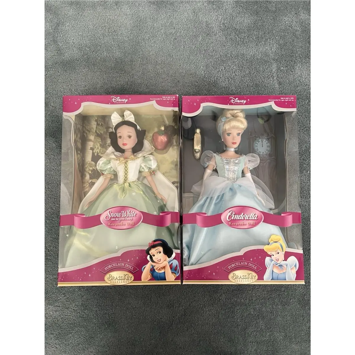 Disney Princess Brass Key Keepsake Porcelain Dolls Snow White Cinderella 2004