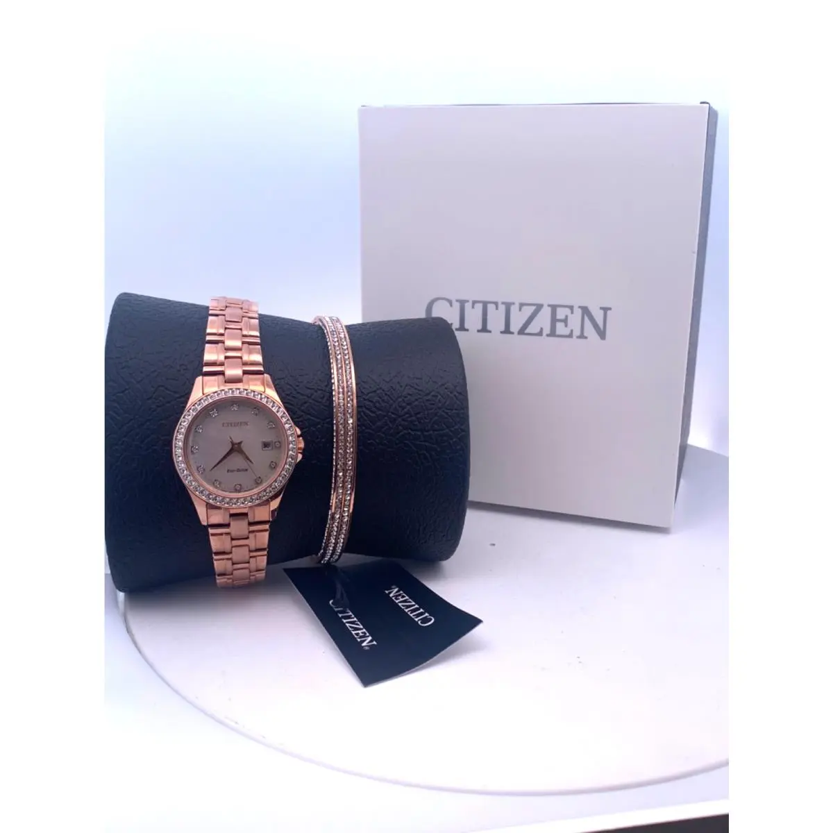 Citizen Eco-drive Silhouette Rose Tone Mop Dial Ladies Watch and Bangle Set