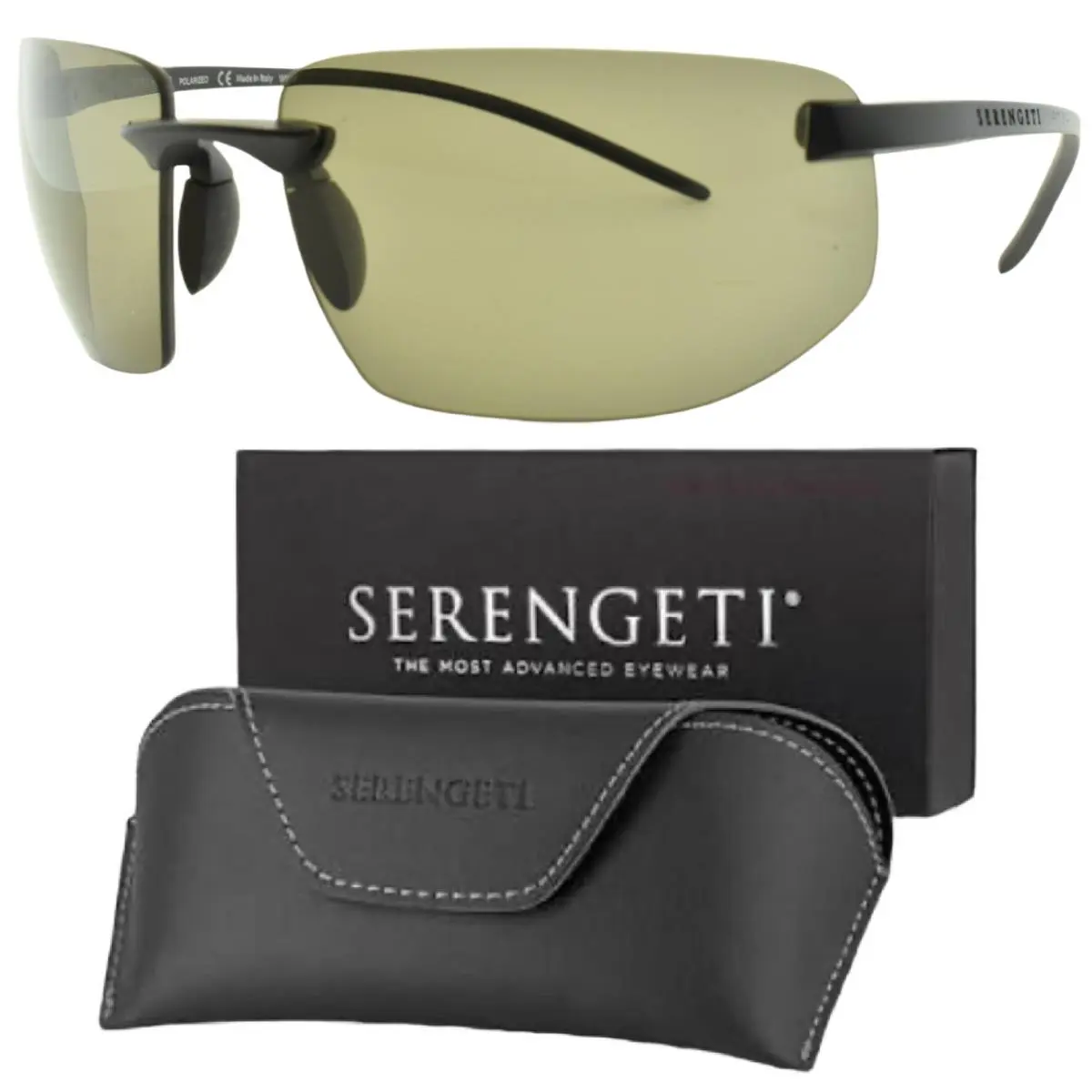 Serengeti Lupton SS553006 67-16-135 Black Rectangle Rimless Unisex Sunglass - Frame: Black, Lens: Green