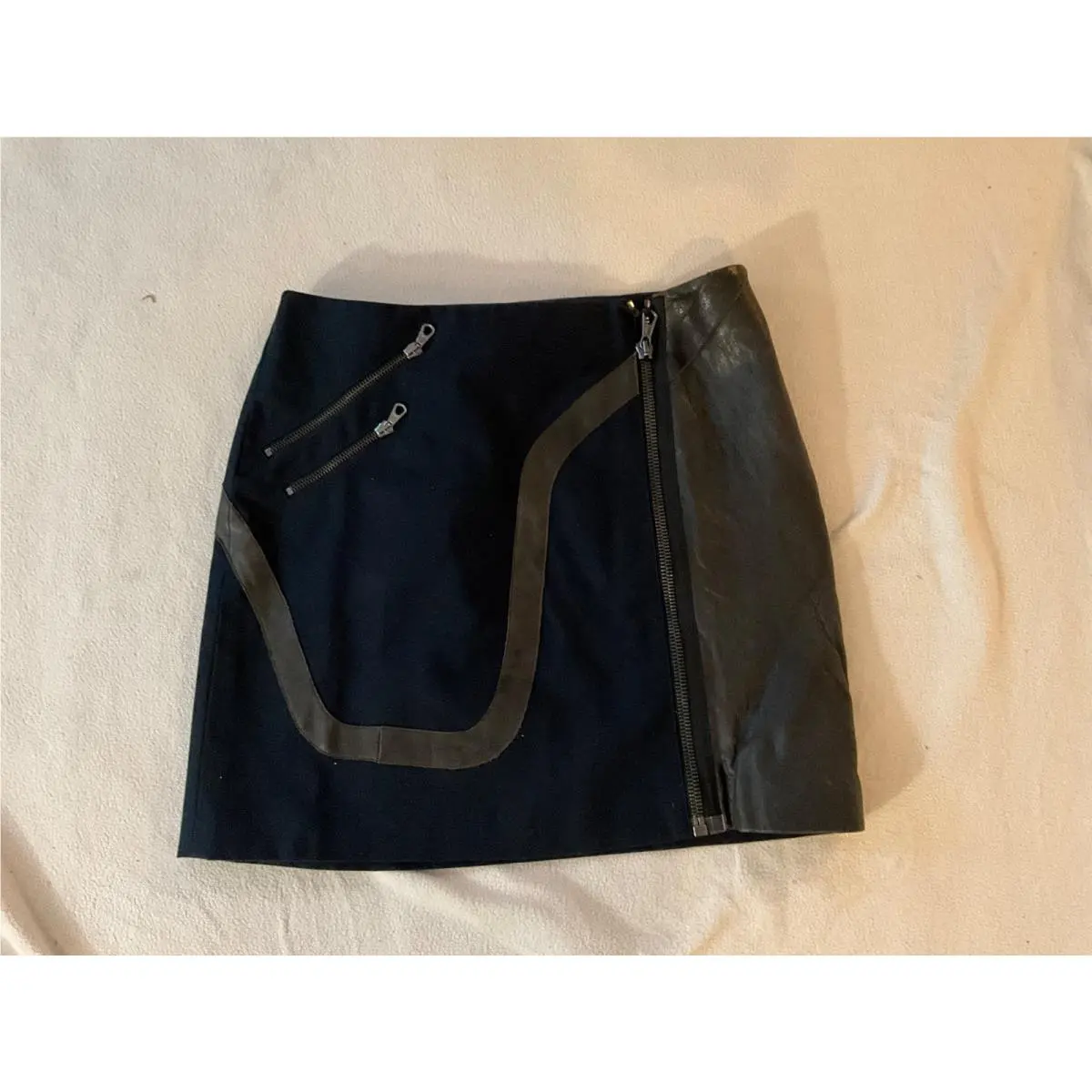 Rag Bone Mini Skirt Biker Black Leather Trim Multi Zipper W 31 sz 6