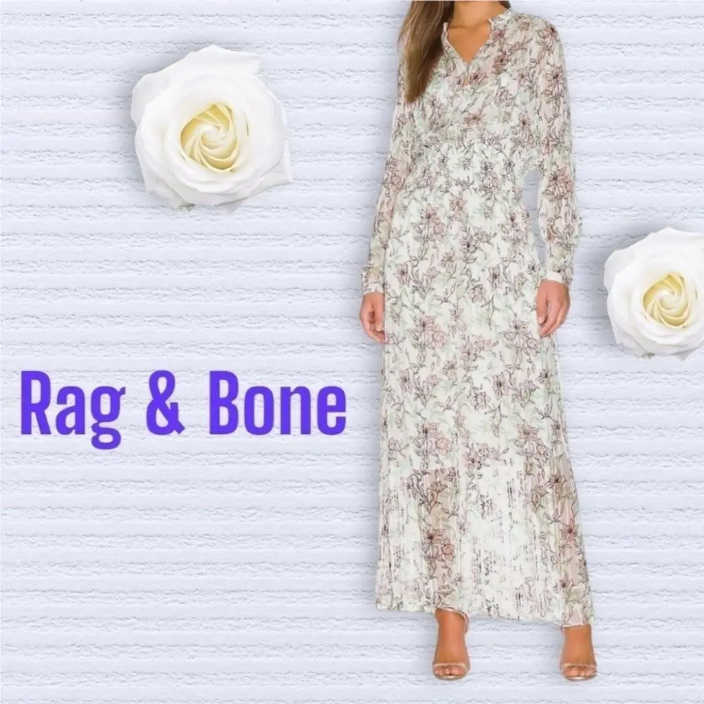 Rag Bone Calista Long Sleeve Chiffon Maxi Boho Dress White Florals Fairy M