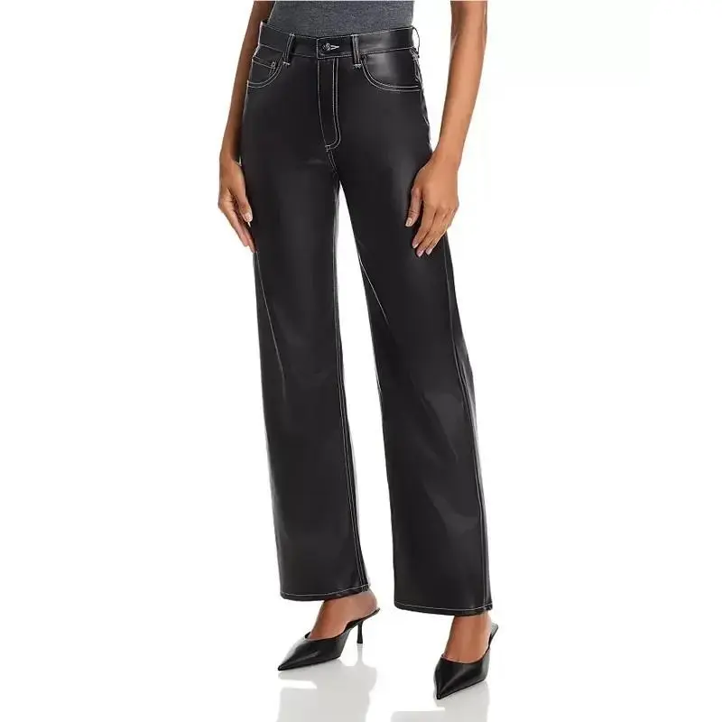 Rag Bone Shea High Rise Leather Straight Leg Jeans Women`s 27 Black Zip