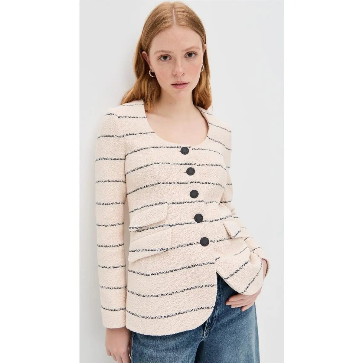 Rag Bone Size 10 Roslyn Tweed Blazer Cream Stripe Scoop Neck Jacket