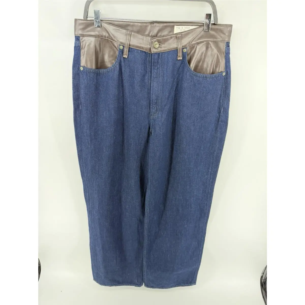 Rag Bone Lori Wide Leg Jeans 31 Dark Indigo Leather Trim Mid Rise