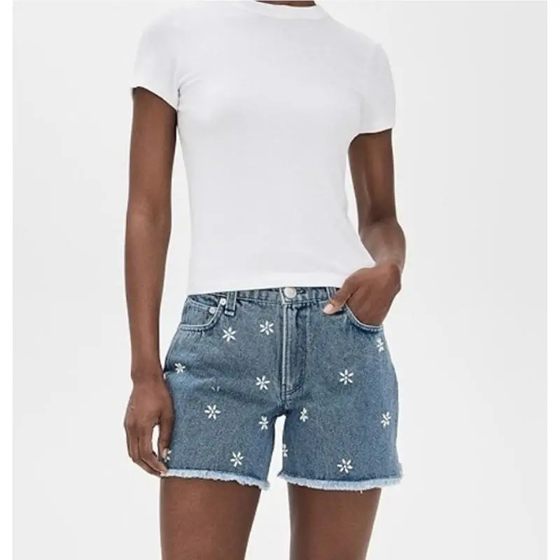 Rag Bone Aspen Embellished Denim Shorts Floral Beaded Cutoff Blue 27