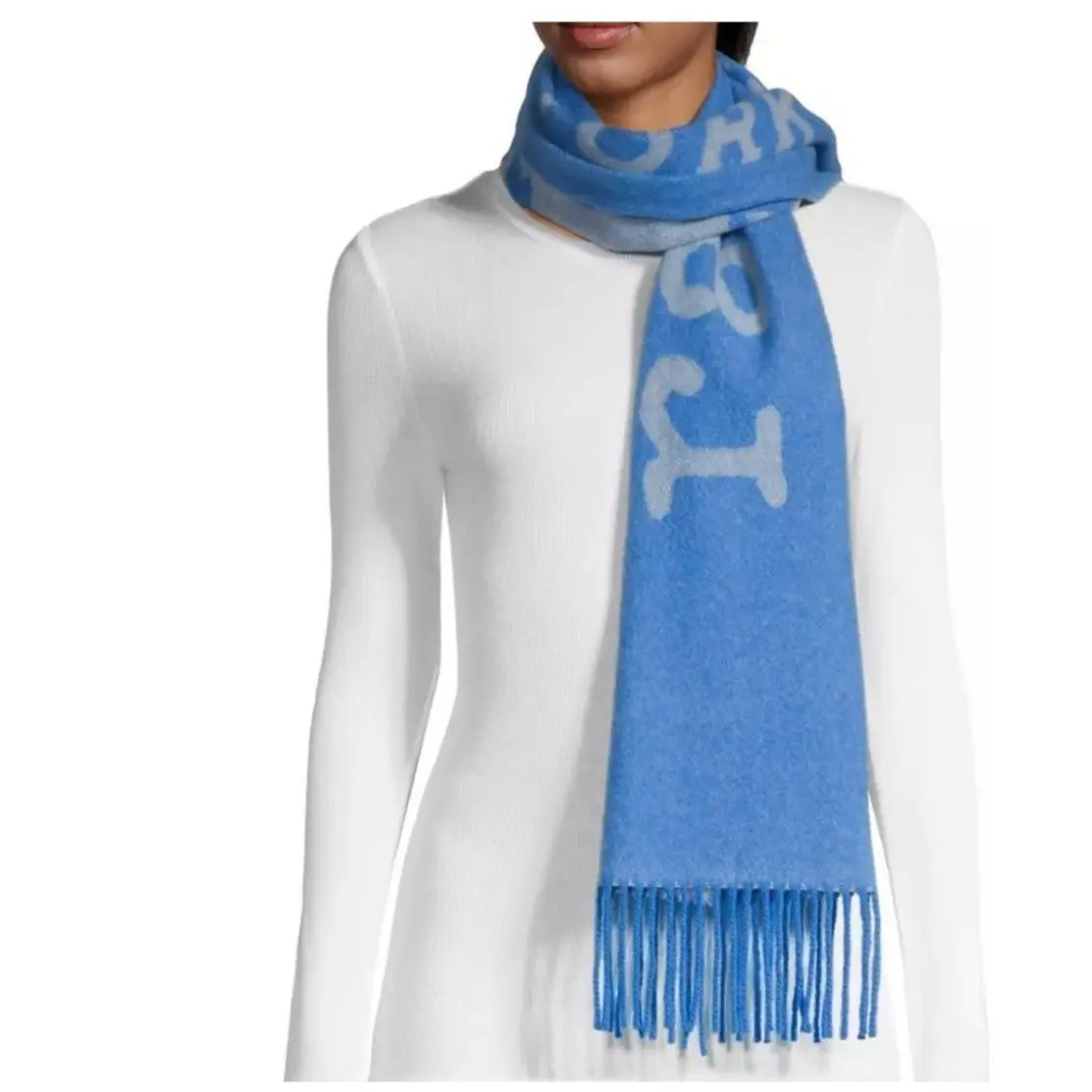 Rag Bone Addison Recycled Fringe Wool Logo Blue Womens Scarf
