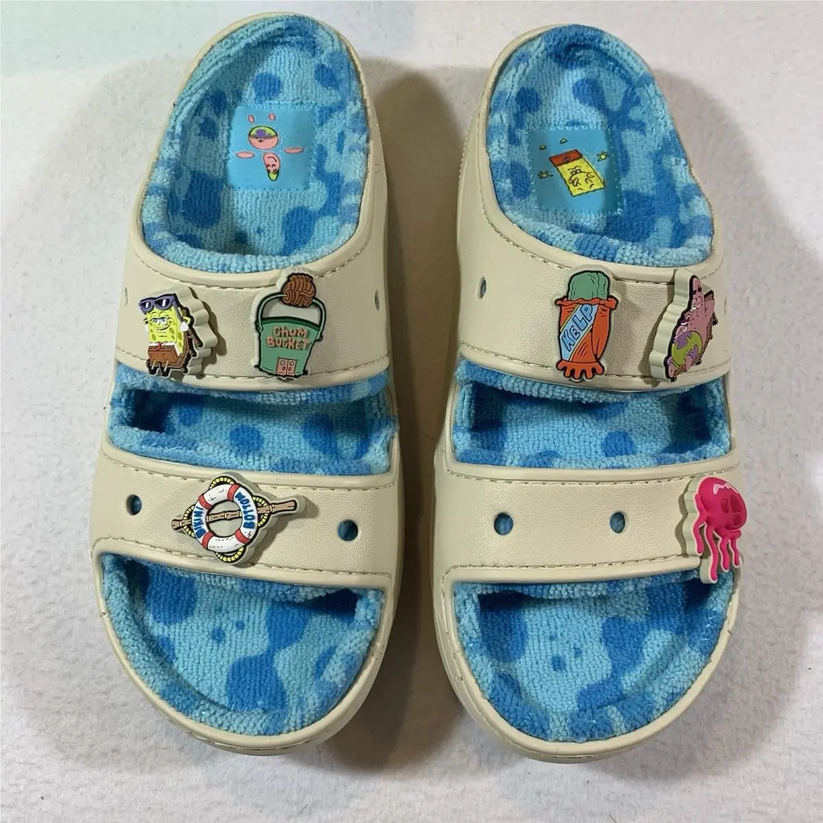 Crocs x Spongebob Cozzzy Terry Sandals Sandi Bone Men`s 10 Women`s 12 Goo Lagoon